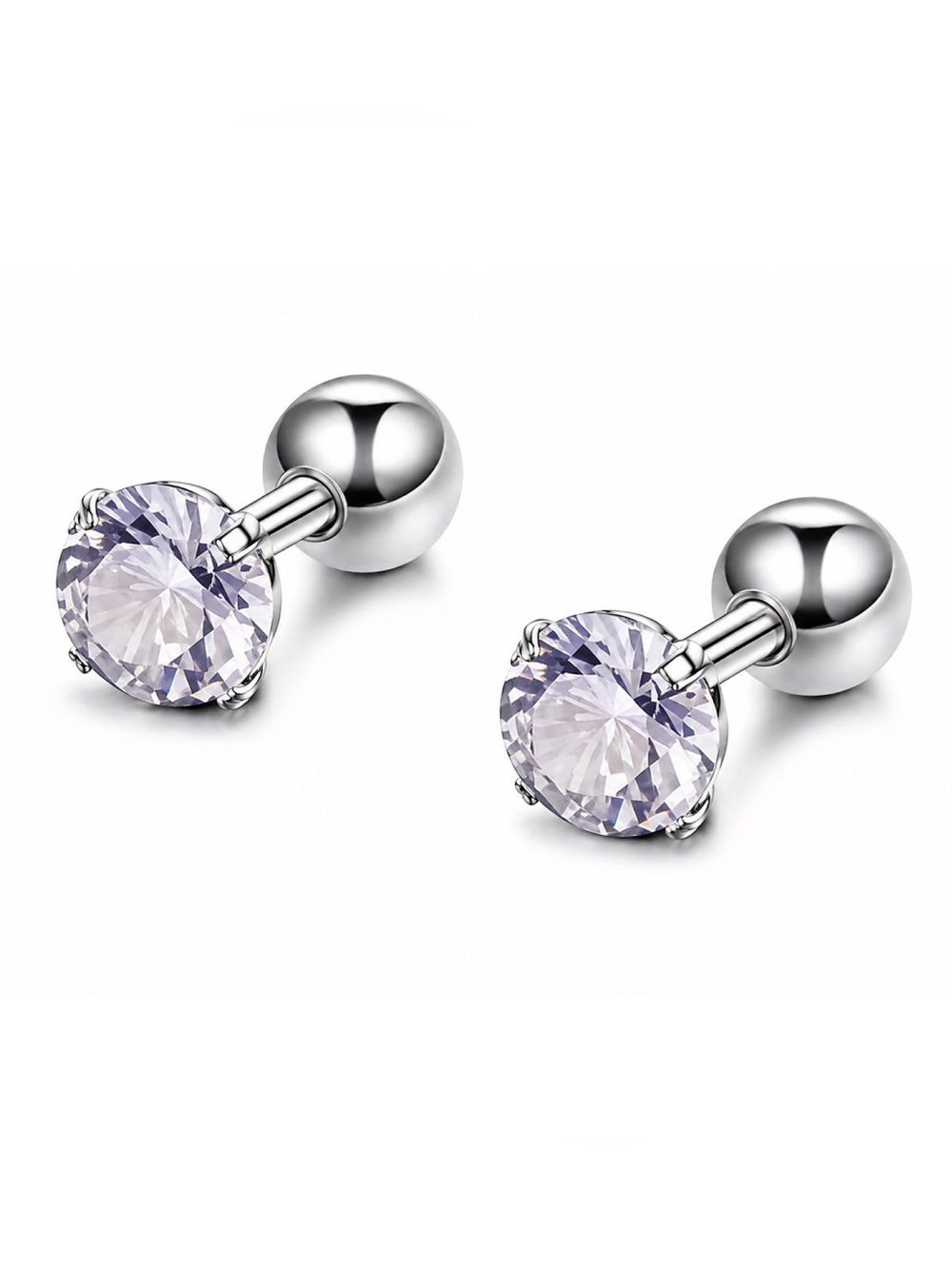 16G Light Purple CZ Stud Barbell Earrings - 6mm Stainless Steel